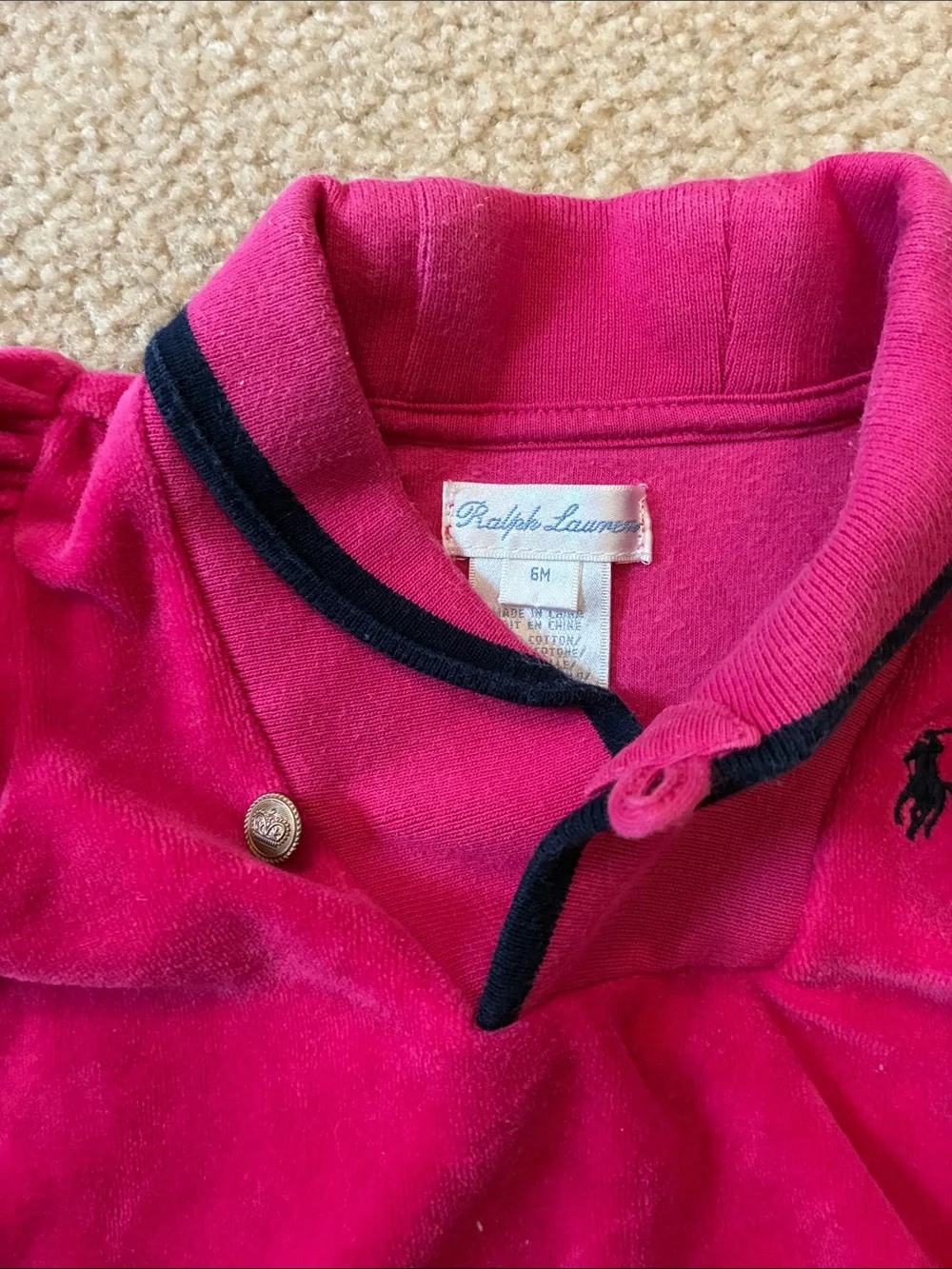 Ralph Lauren Hot Pink Velour Ruffle Dress with Navy Trim